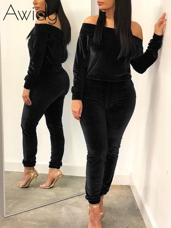 Off Shoulder Velvet Co-ord--Clearance Black 3XL