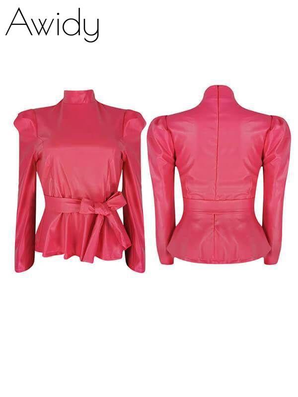 PU Turtleneck Belted Top