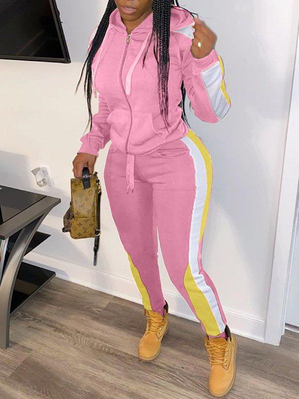 Ensemble sweat à capuche et pantalon zippés colorblock Indiebeautie