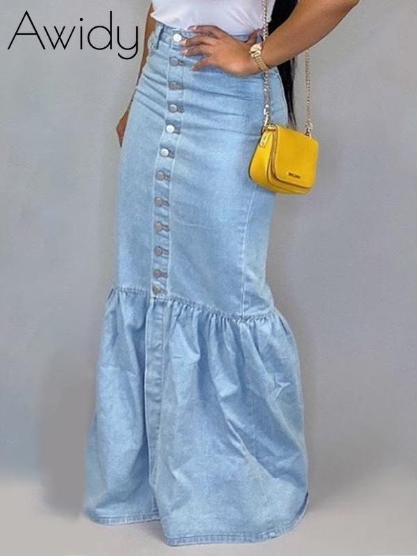 Button-Down Denim Skirt Blue