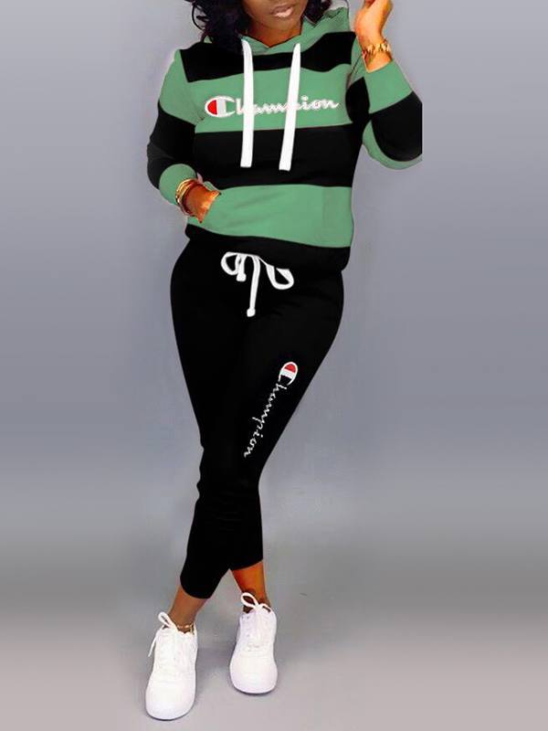 Slogan Colorblock Hoodie & Pants Set--Clearance