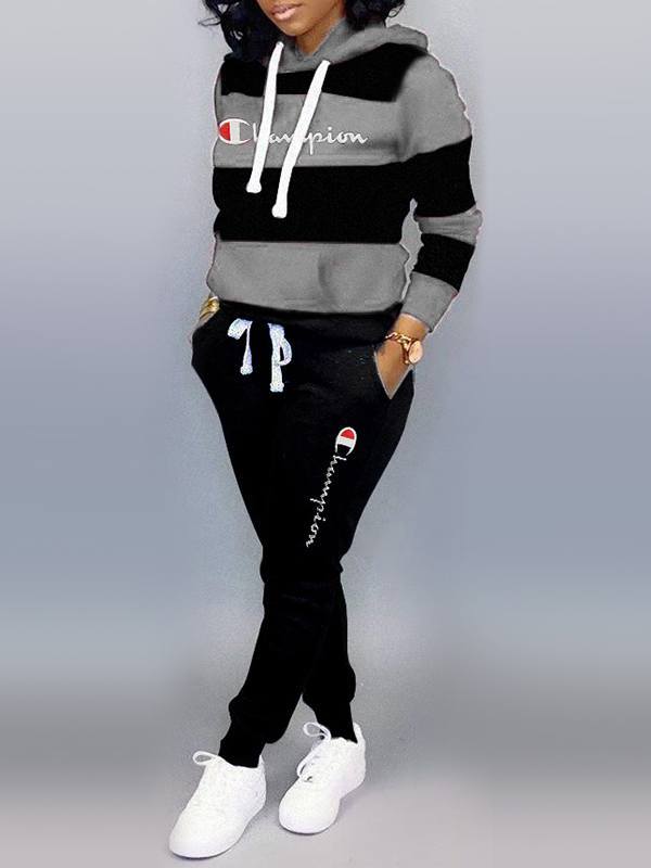 Slogan Colorblock Hoodie & Pants Set--Clearance