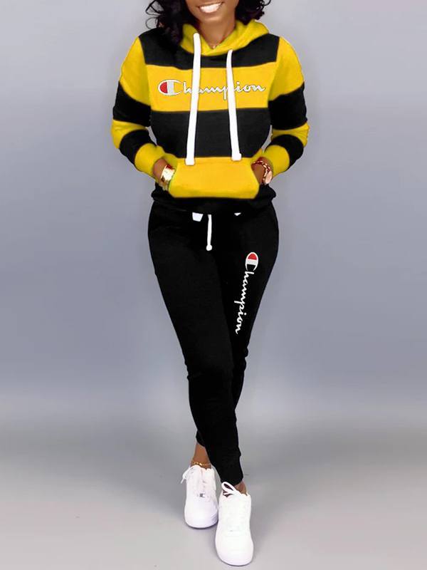 Slogan Colorblock Hoodie & Pants Set--Clearance