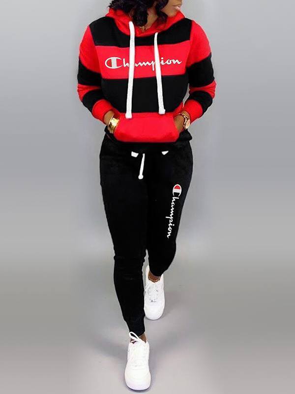 Slogan Colorblock Hoodie & Pants Set--Clearance