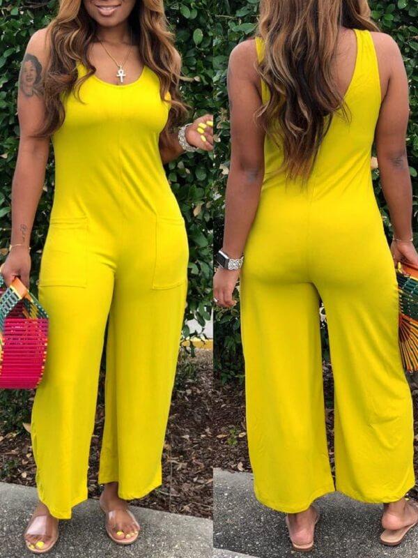 Einfarbiger, ärmelloser Jumpsuit mit weitem Bein – Ausverkauf