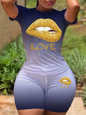Set aus T-Shirt und Bikershorts mit Lippenprint – Ausverkauf