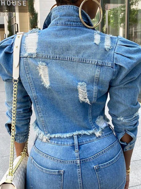 Indiebeautie Distressed Puff-Sleeve Denim Jacket