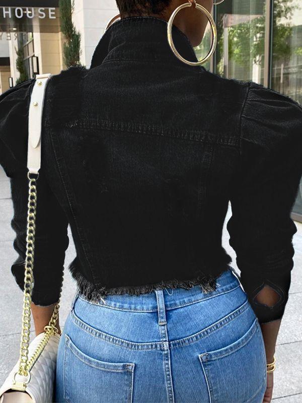 Indiebeautie Distressed Puff-Sleeve Denim Jacket