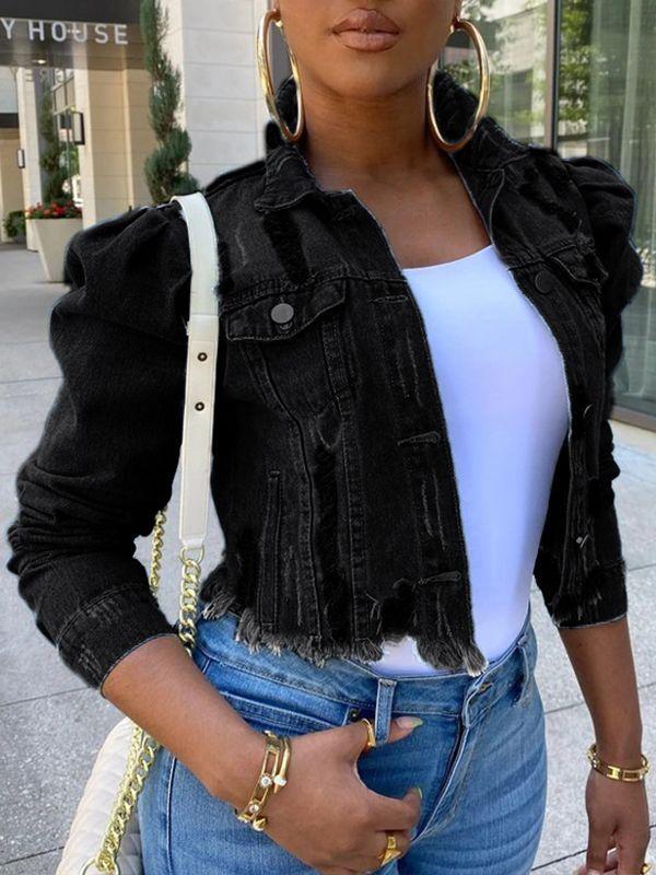 Indiebeautie Distressed Puff-Sleeve Denim Jacket