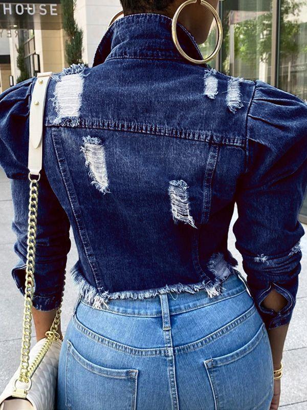 Indiebeautie Distressed Puff-Sleeve Denim Jacket