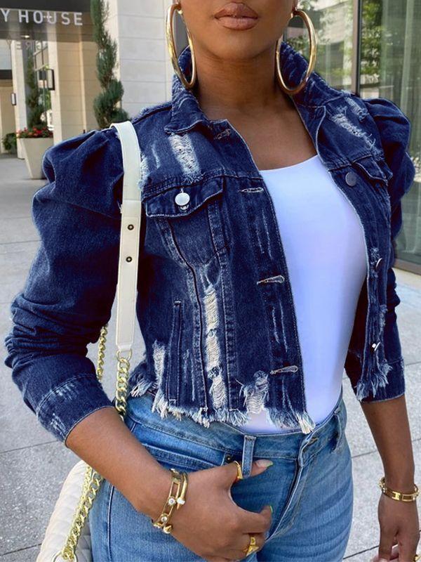 Indiebeautie Distressed Puff-Sleeve Denim Jacket