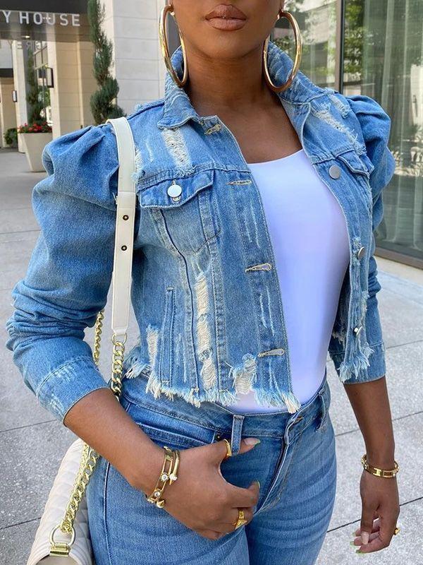 Indiebeautie Distressed Puff-Sleeve Denim Jacket