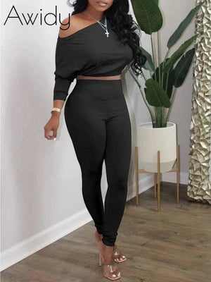 Boat-Neck Top & Pants Set Black