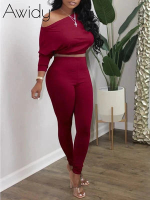 Boat-Neck Top & Pants Set Burgundy