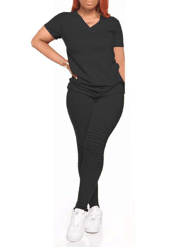 Ensemble t-shirt et pantalon à col en V uni