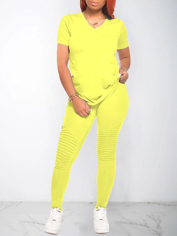 Ensemble t-shirt et pantalon à col en V uni - Liquidation