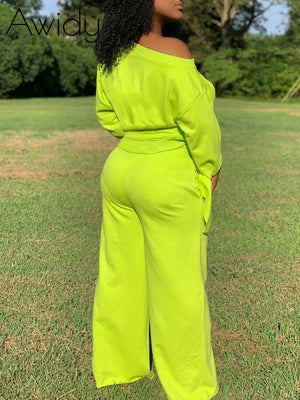 Solid Sweatshirt & Wide-Leg Pants Set