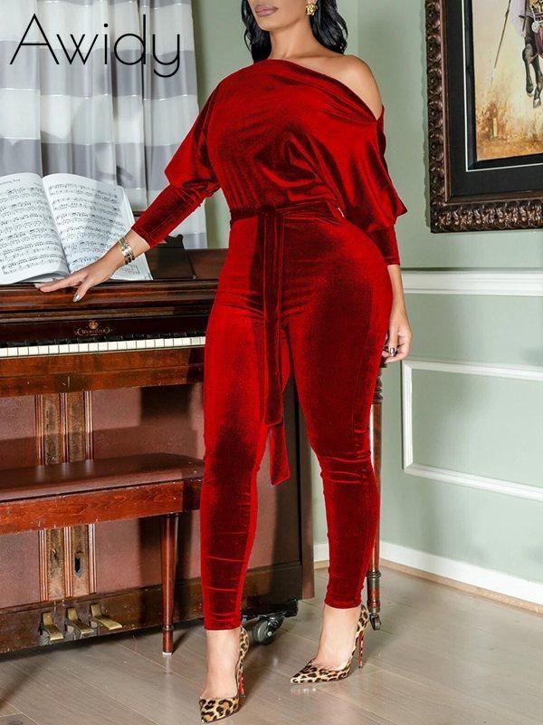 Velvet Off-Shoulder Jumpsuit--Clearance