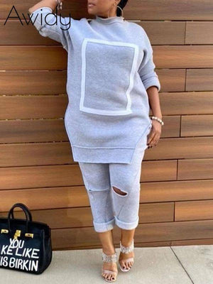 Side-Slit Sweatshirt & Ripped Pants Set