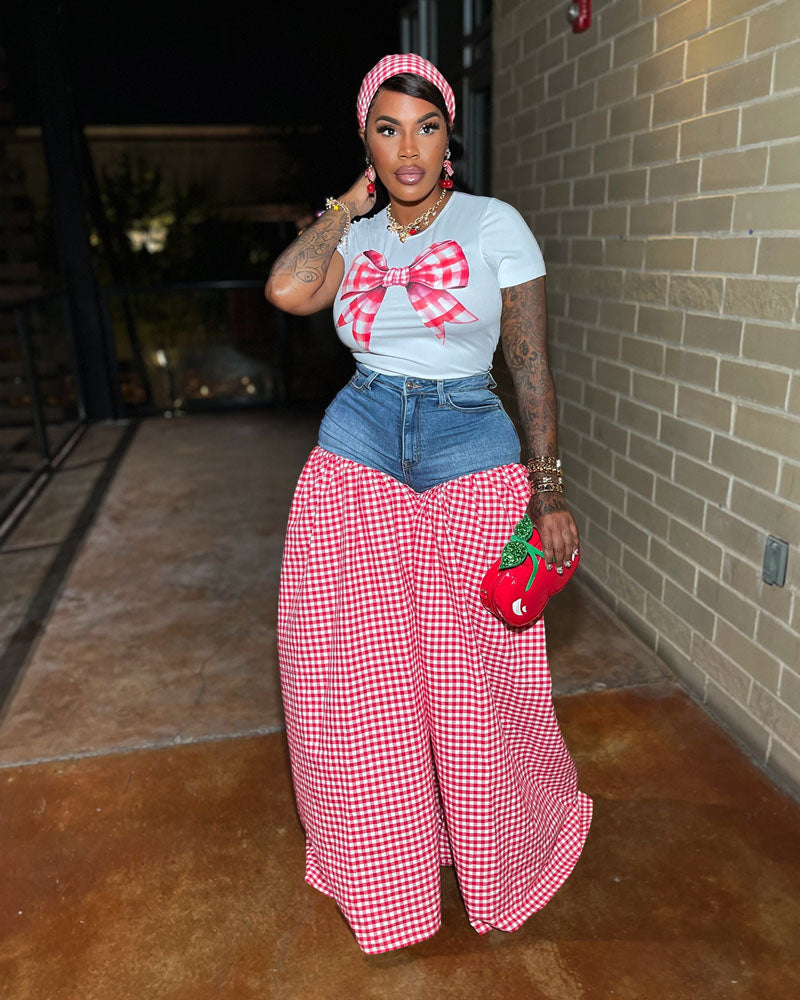 Gingham Denim Set Pant Set Red