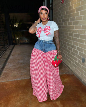 Gingham Denim Set Pant Set Red