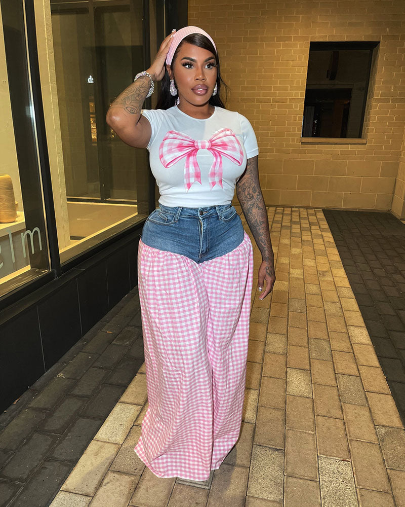 Gingham Denim Set Pant Set Pink