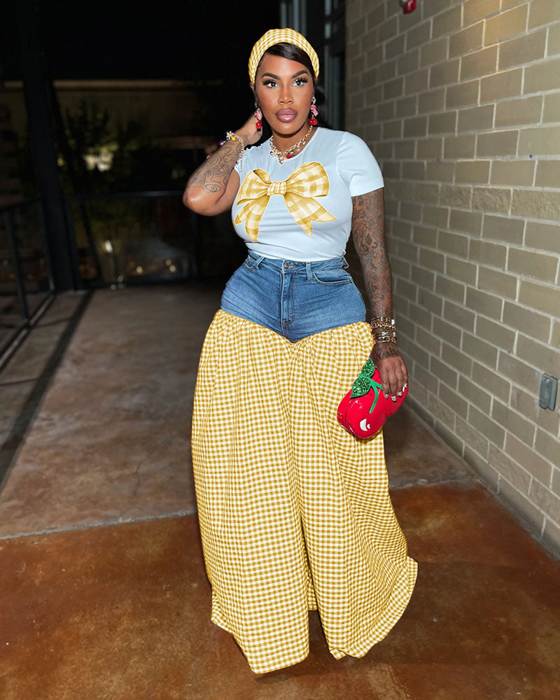 Gingham Denim Set Pant Set Yellow