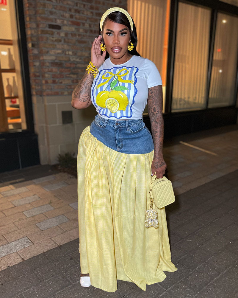 Gingham Denim Set Skirt Set Yellow