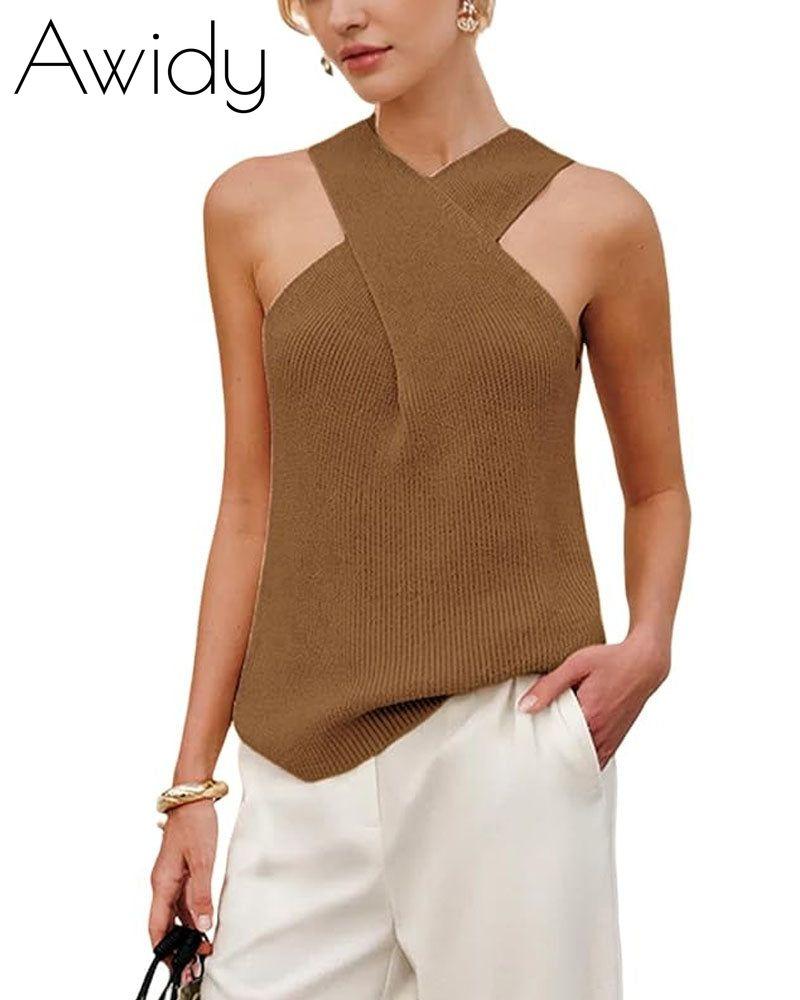 Halter Cross Over Collar Knit Tank