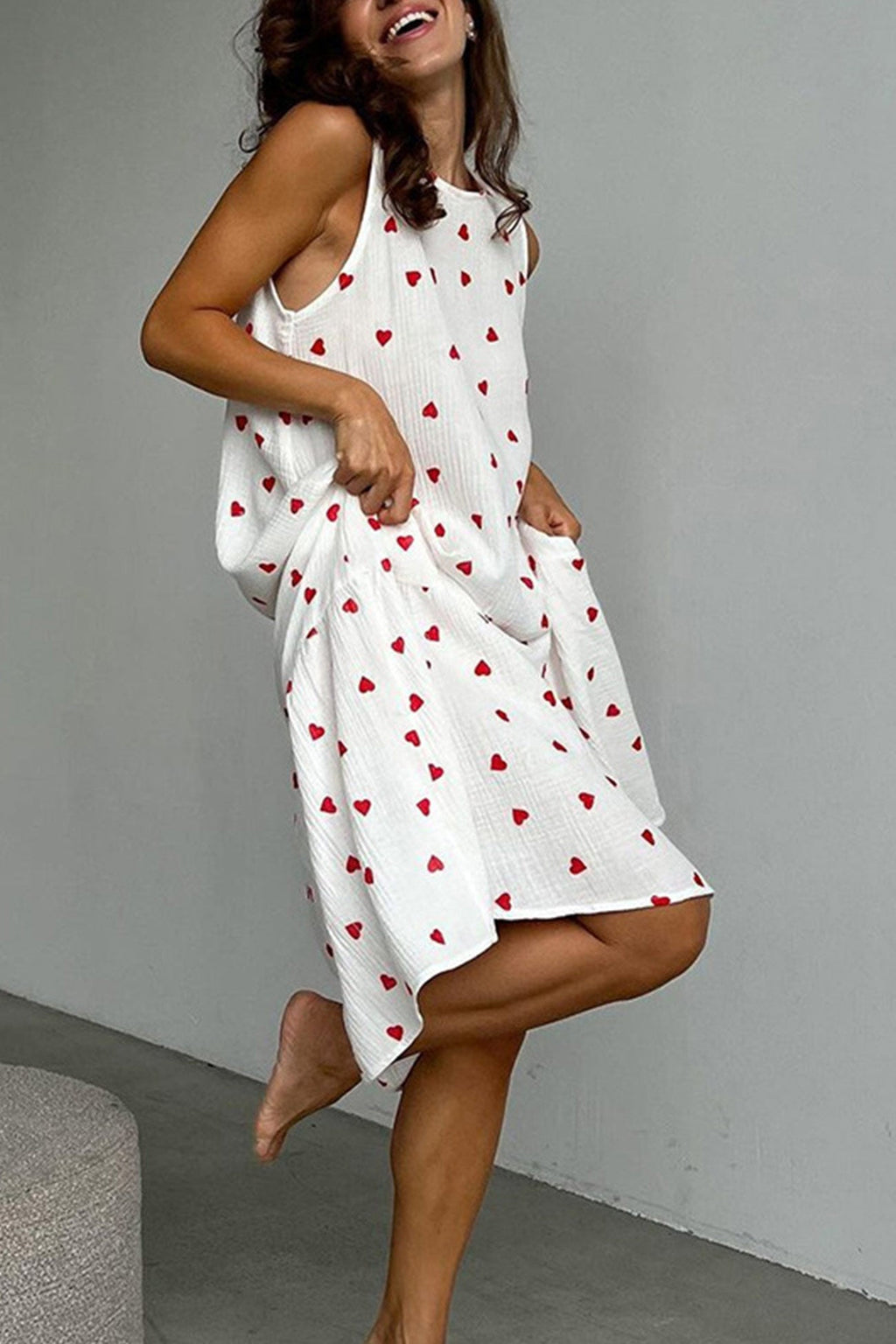 Heart Print Ruched Hem Cotton Tank Dress