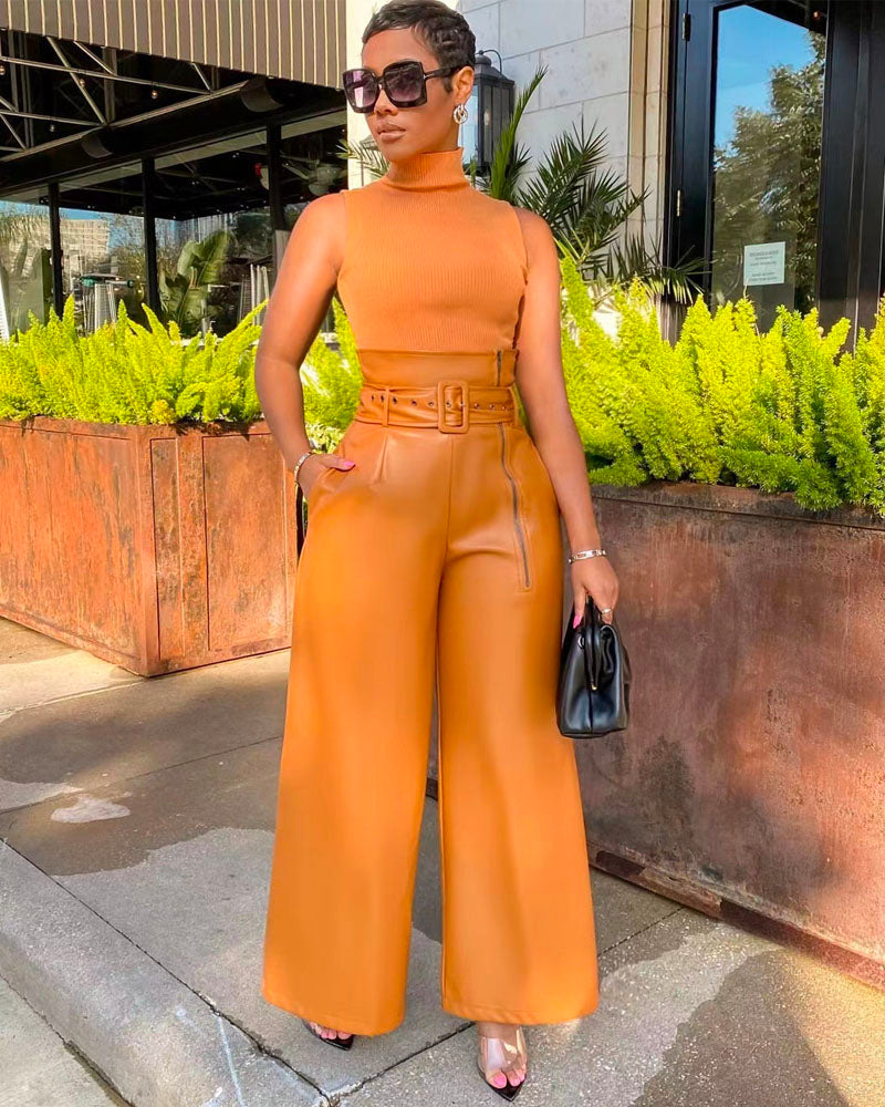 High Waist Vegan Leather Pants CAMEL