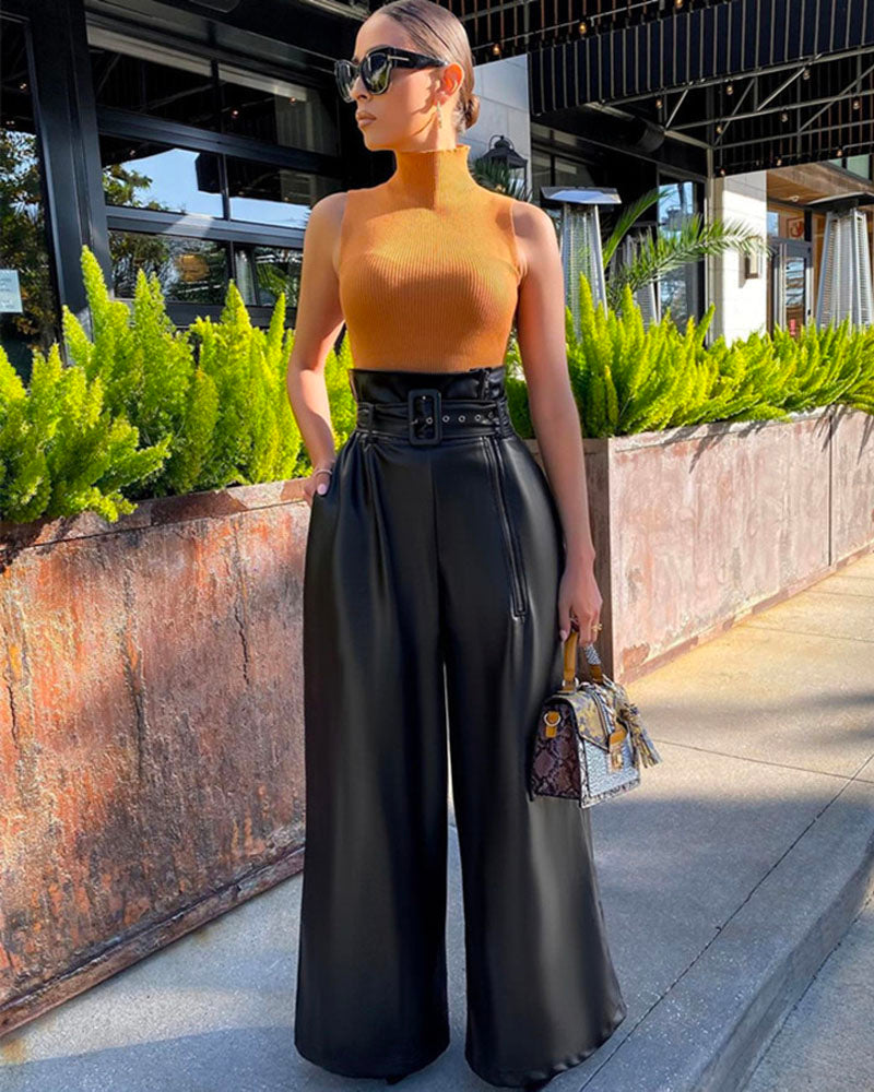 High Waist Vegan Leather Pants BLACK