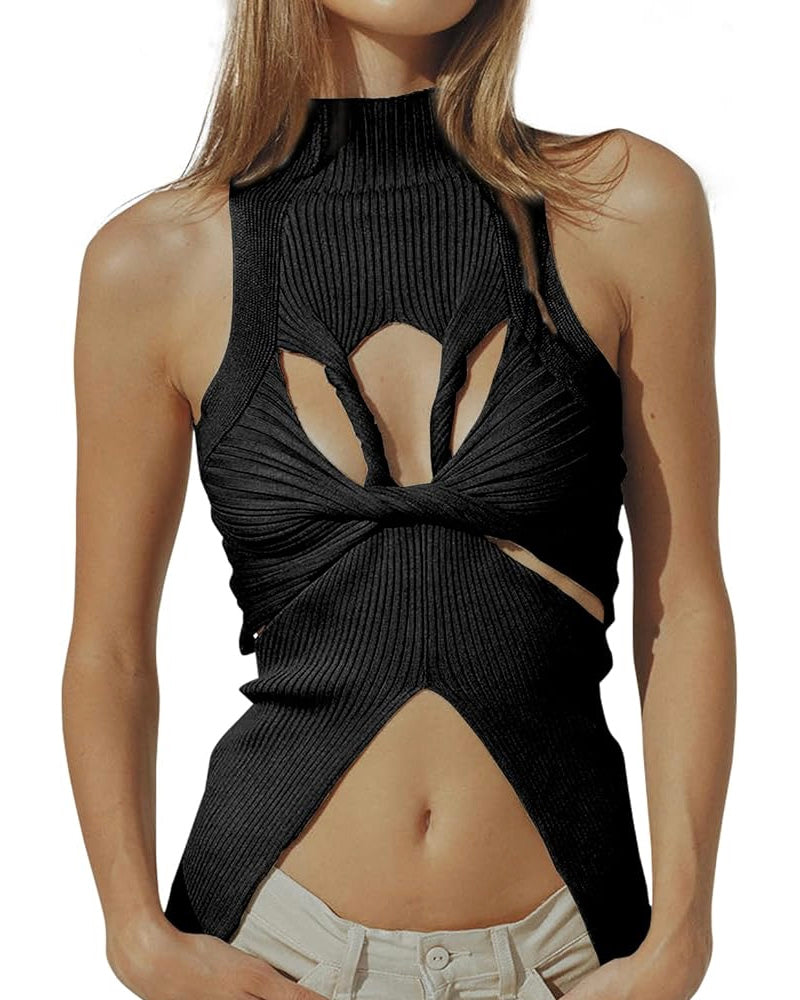 Hollow Out Knitted Tank Tops Black