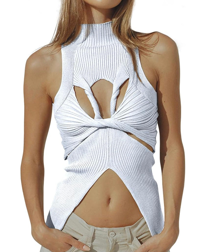 Hollow Out Knitted Tank Tops White