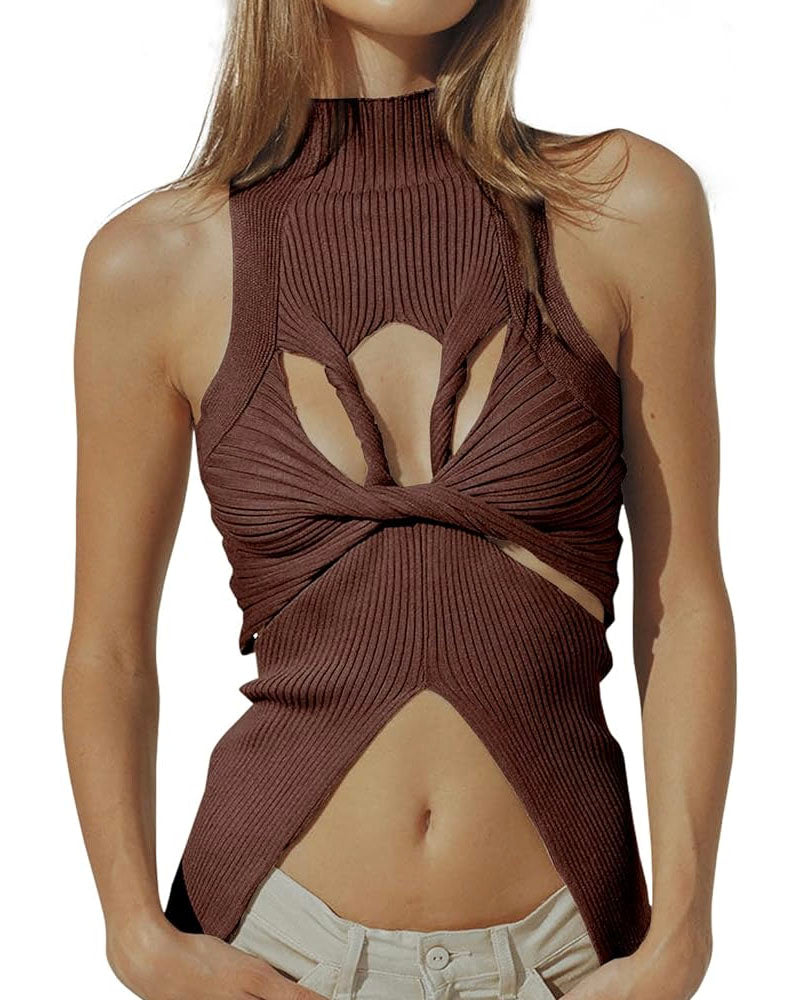 Hollow Out Knitted Tank Tops Coffee