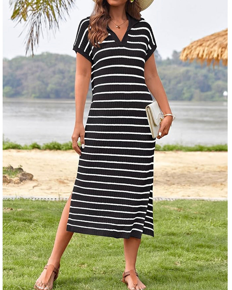 Striped Crochet Dress Black