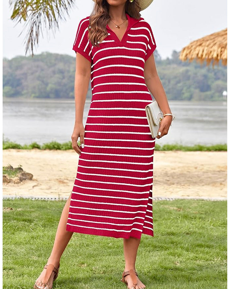 Striped Crochet Dress Red