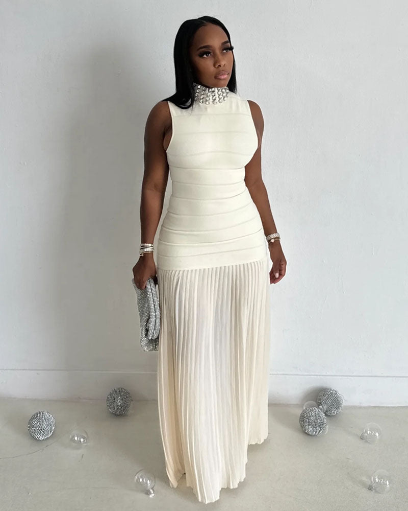 Jewelled Pleated Dress White