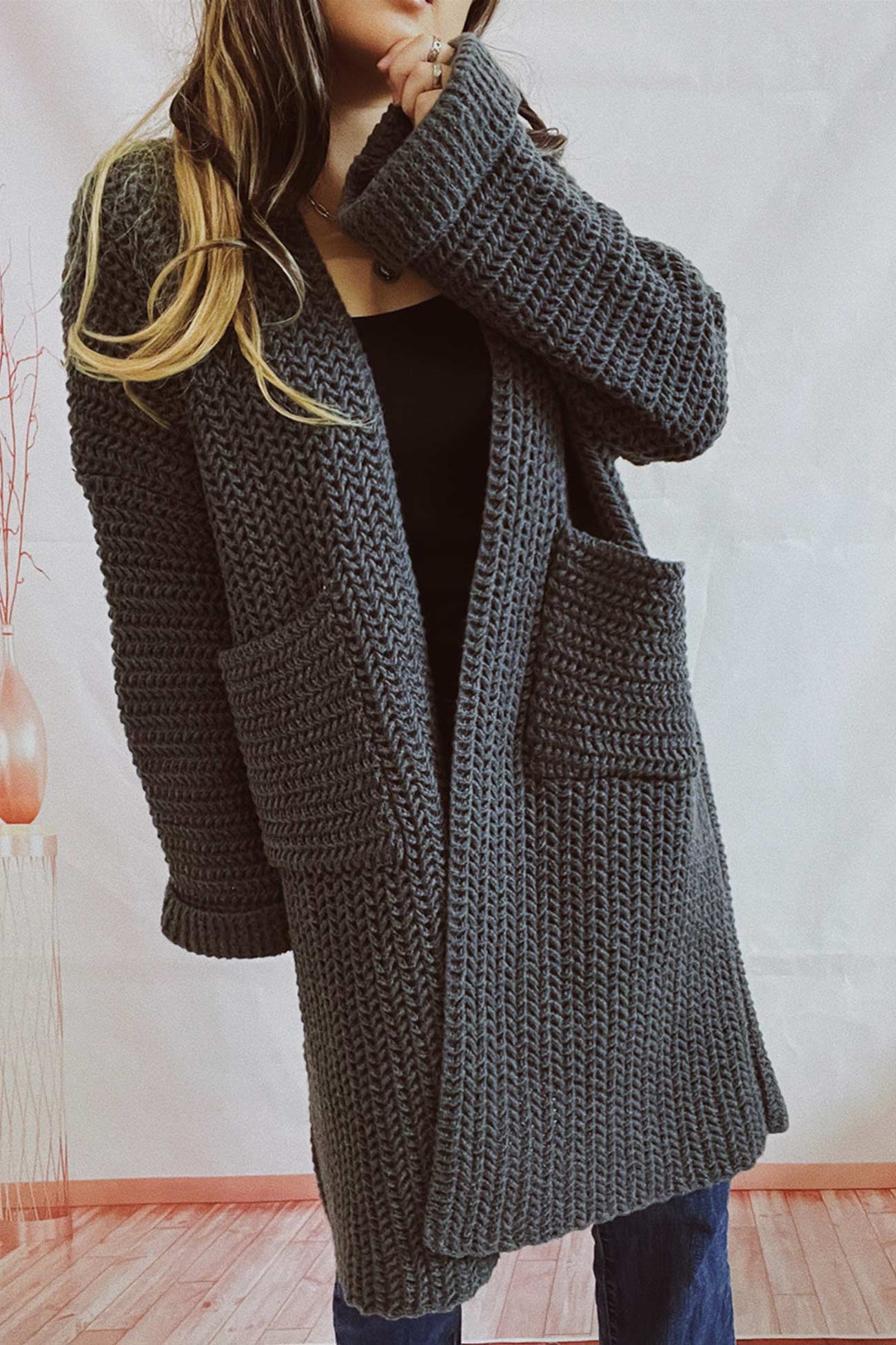 Large Pocket Open Front Cardigan