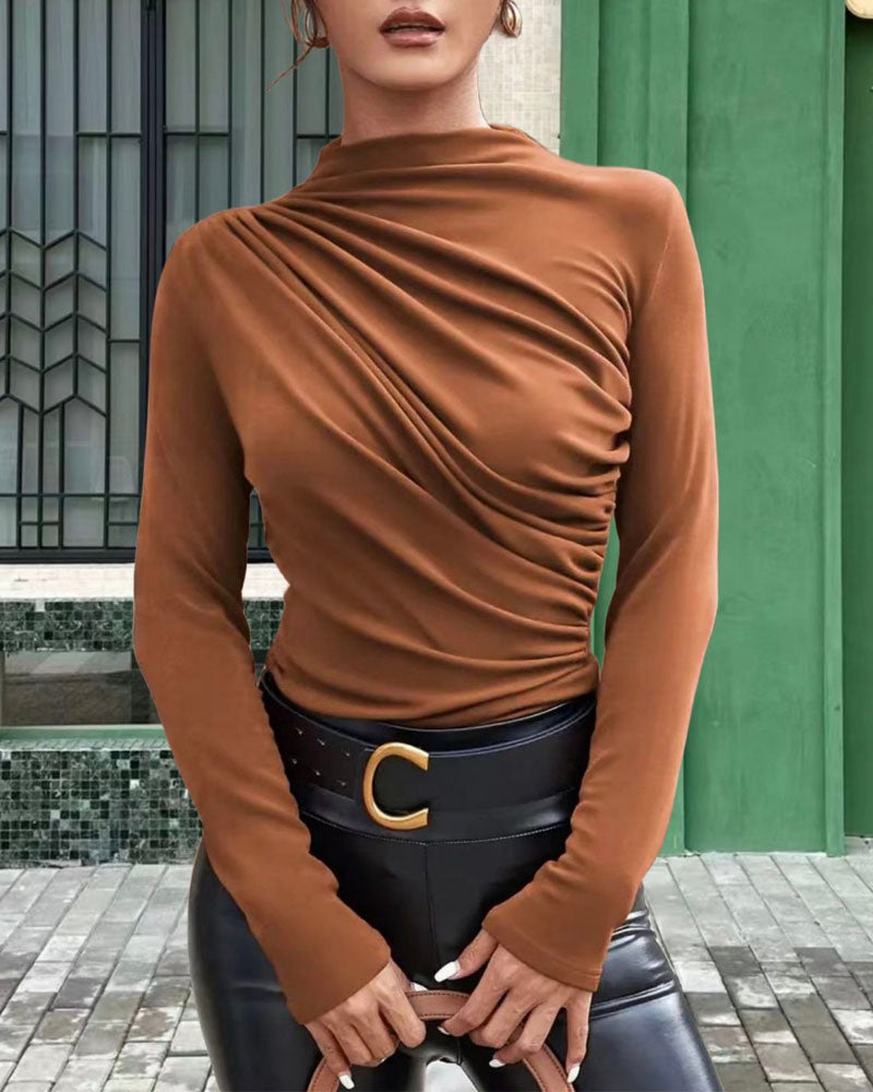 Long Sleeve Ruched Top Brown