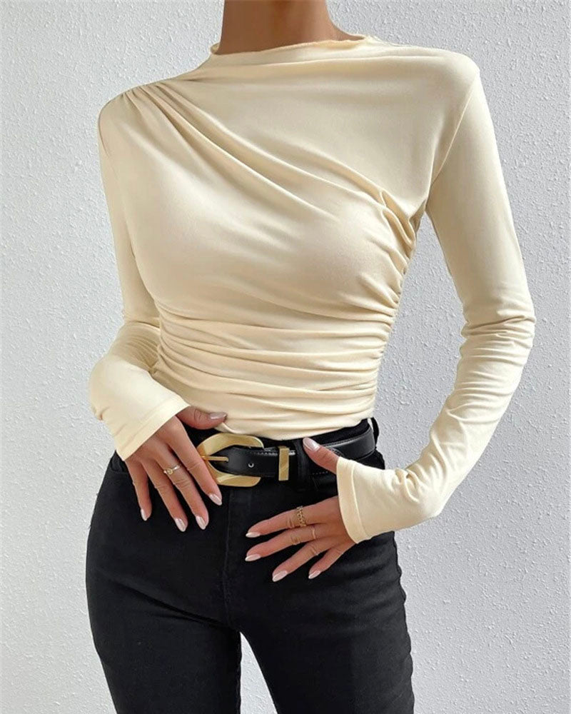 Long Sleeve Ruched Top Beige