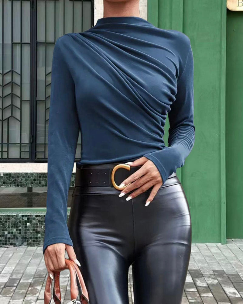 Long Sleeve Ruched Top Dark Blue