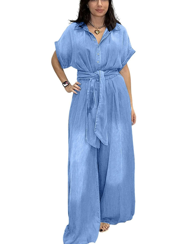 Lorette Chambray Denim Jumpsuit Light Denim Blue