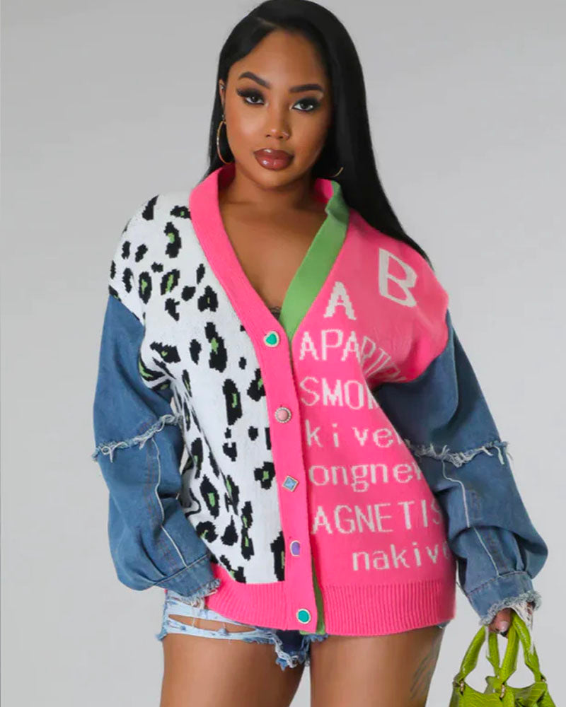 DENIM CARDIGAN SWEATER Onesize Pink