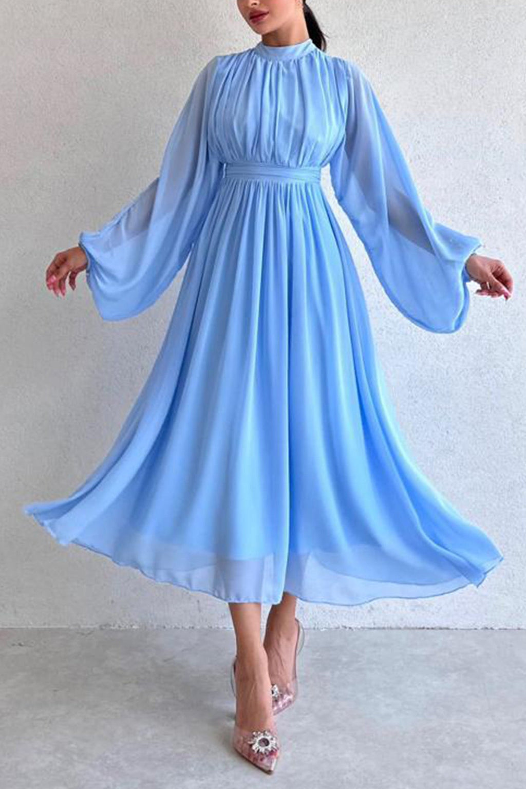 Mock Neck High Waist Pleated Maxi Dress
