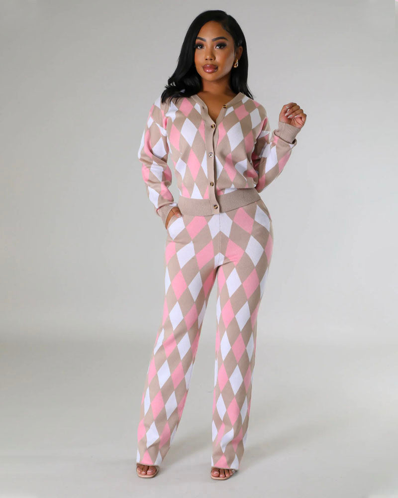 Argyle Knit Pant Set Pink