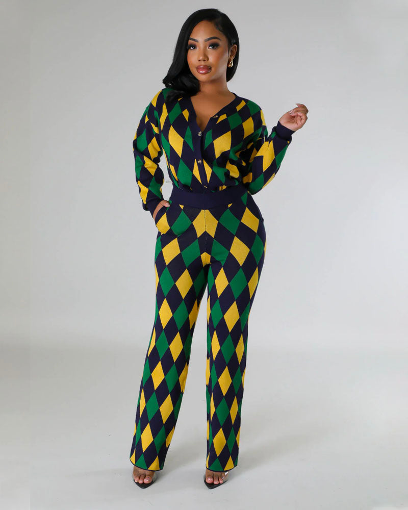 Argyle Knit Pant Set Green