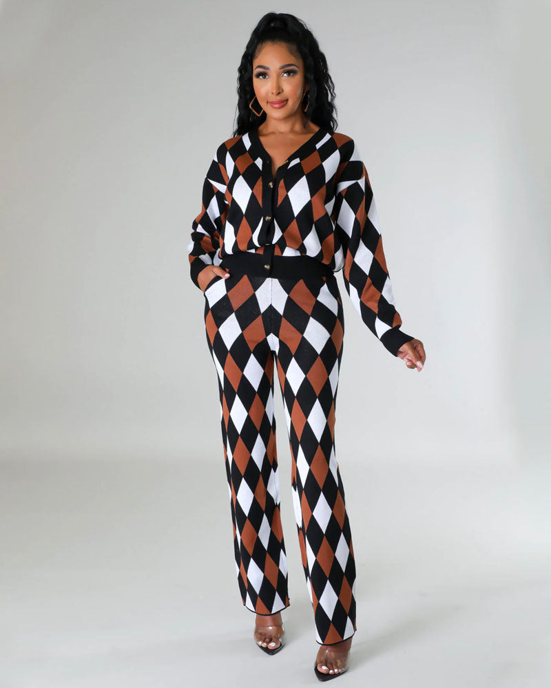 Argyle Knit Pant Set Coffee