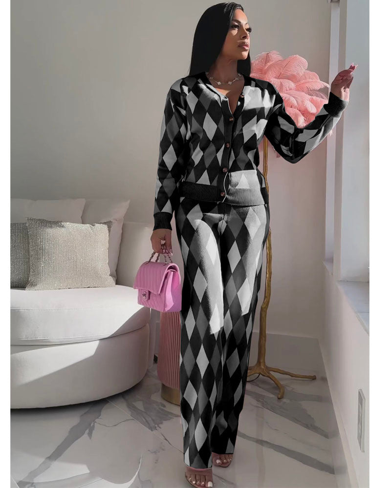 Argyle Knit Pant Set Black