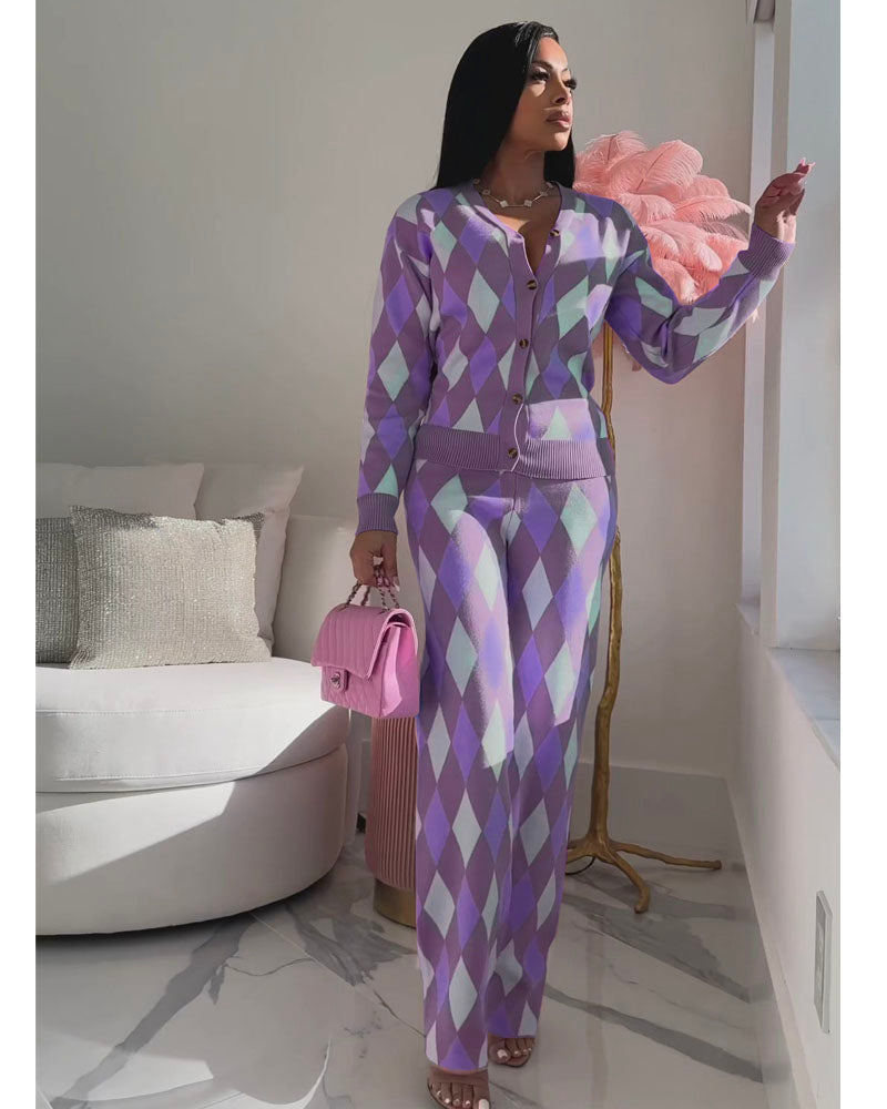 Argyle Knit Pant Set Light Purple